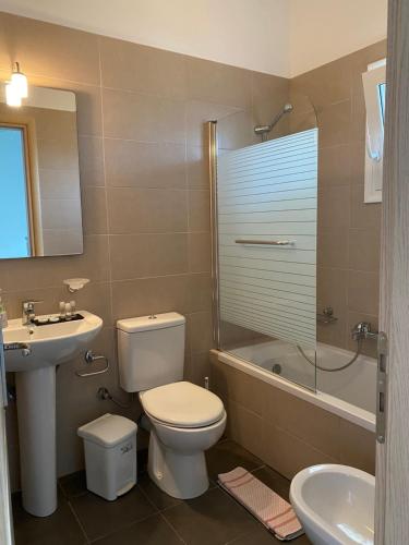 La salle de bains est pourvue de toilettes, d'un lavabo et d'une douche. dans l'établissement Amaltheia Beach Front Houses, à Kypseli