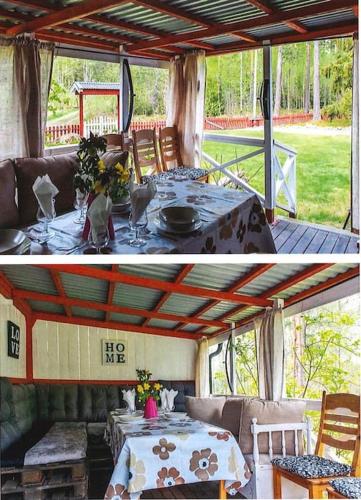 two pictures of a patio with a table and chairs at Eden (Natur & lugnet) in Örebro