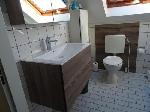 een badkamer met een wastafel en een toilet bij Kustverhuur, Vakantiepark Fort Soleil 23 in Breskens