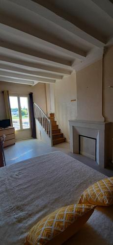 シノンにあるVaste appartement avec vue sur la Vienneの広いベッドルーム(ベッド1台、暖炉付)