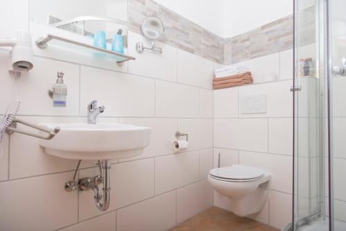 e bagno con servizi igienici, lavandino e doccia. di Pension Gästehaus La Mula a Treis-Karden