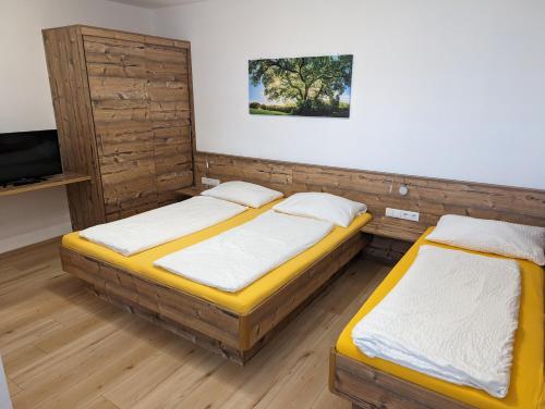 two twin beds in a room with a tv at Appartements Gotthardt in Flachau