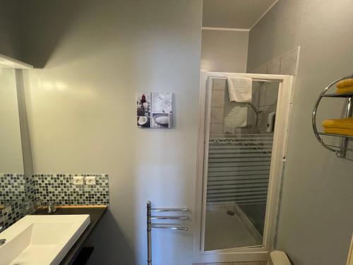 uma casa de banho com um chuveiro e um lavatório. em L'Oustaloise em Faugères