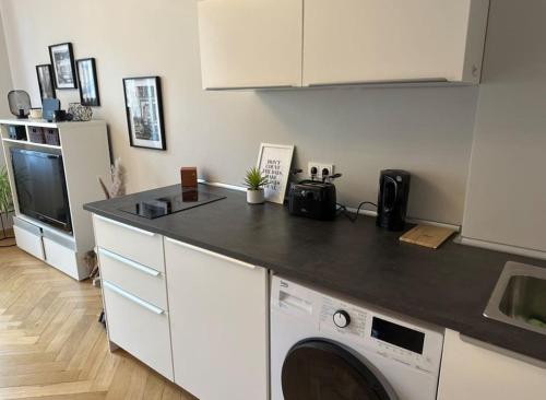 uma cozinha com uma máquina de lavar roupa e uma bancada em APT im Herzen von Wiesbaden em Wiesbaden