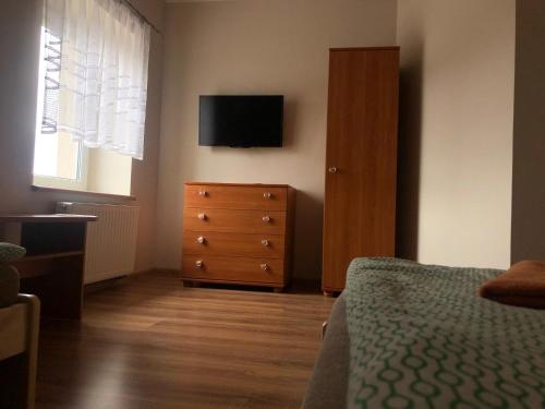 1 dormitorio con 1 cama y vestidor con TV en Piątka noclegi- Łódź en Lodz