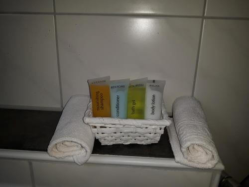een plank in een badkamer met boeken en handdoeken bij Villa Maja in Markdorf
