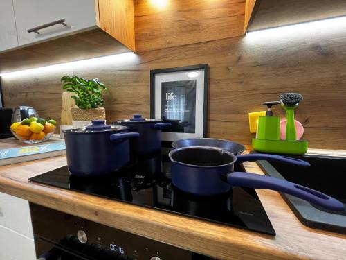 eine Küche mit Töpfen und Pfannen auf einem Herd in der Unterkunft Comfortable apartment for 1-4 guests in Chorzów