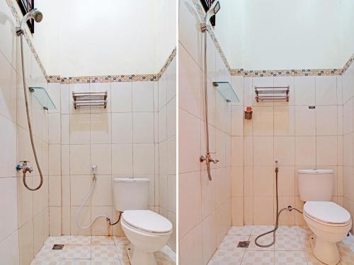 2 Bilder eines Badezimmers mit WC und Dusche in der Unterkunft OYO 92302 Salsa Homestay Syariah in Bangkinang