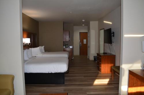 um quarto de hotel com duas camas e uma televisão em Wingate by Wyndham College Station TX em College Station