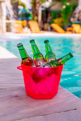 a bucket full of beer bottles sitting next to a pool at Hotel Pousada Mahon Mar in Praia do Frances
