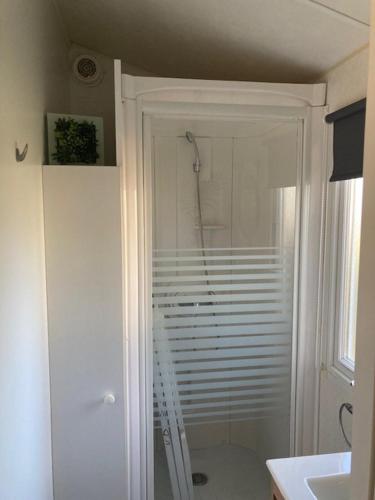 une salle de bain avec une douche avec une porte vitrée dans l'établissement Mobil home 4 personnes Plein cœur de la Vendée proche Parc du PUYDUFOU, à La Boissière-de-Montaigu