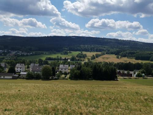an open field with houses and trees in the distance at Ferienhaus Clarissa in Allenbach