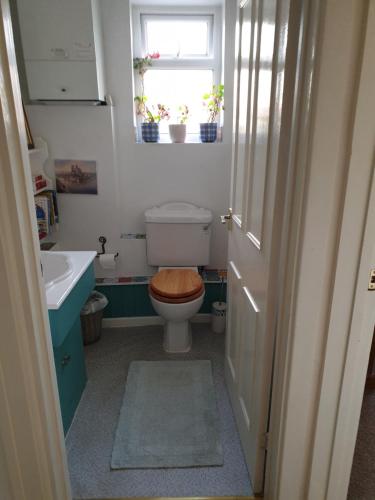 a bathroom with a toilet and a sink and a window at Phoenix Rising 2 in Glastonbury