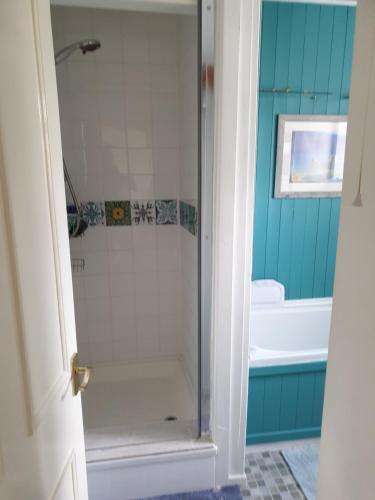 a bathroom with a shower with a tub and a sink at Phoenix Rising 2 in Glastonbury