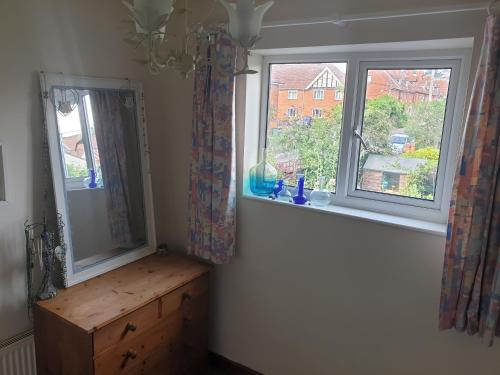 two windows with curtains and a wooden dresser in a room at Phoenix Rising 2 in Glastonbury