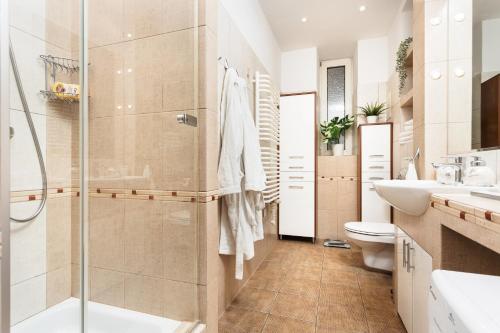 y baño con ducha, aseo y lavamanos. en Apartament Vinci, en Cracovia