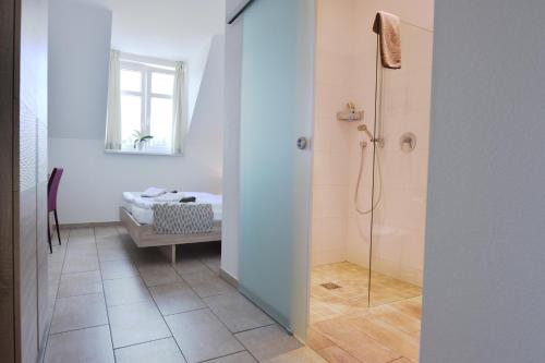 uma casa de banho com uma cabina de duche e um lavatório. em PASTORI - Das historische Lichtspielgasthaus em Weilmünster