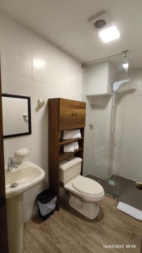 a bathroom with a toilet and a sink and a shower at Apart Cayambe in Cayambe