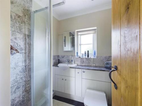 a bathroom with a sink and a toilet and a shower at Two Bedroomed House near Newark & Grantham 