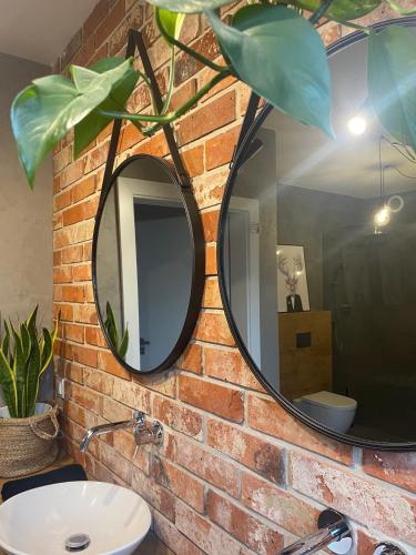 a bathroom with a mirror on a brick wall at Dom nad jeziorem in Ostróda