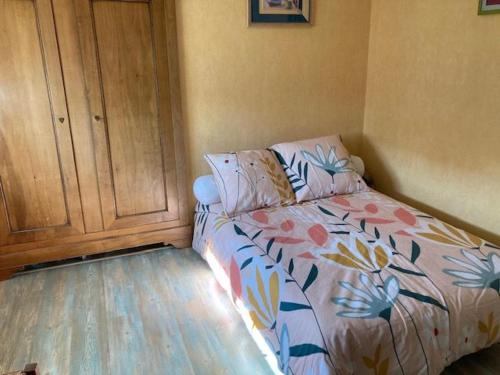 1 dormitorio pequeño con 1 cama y armario en Chambre double 2, en Ruaudin