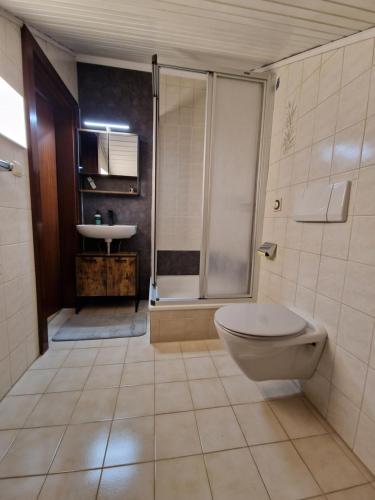 a bathroom with a toilet and a sink at Rosy's House B&B in Bad Goisern