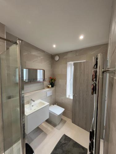 a bathroom with a sink and a toilet and a shower at Sevenoaks Centre Hideaway in Sevenoaks