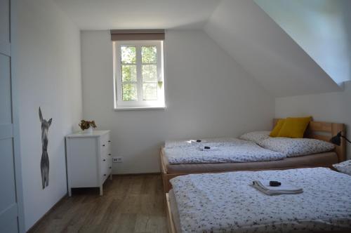 um quarto com 2 camas e uma janela em Penzion pod Čeřinkem em Mirošov