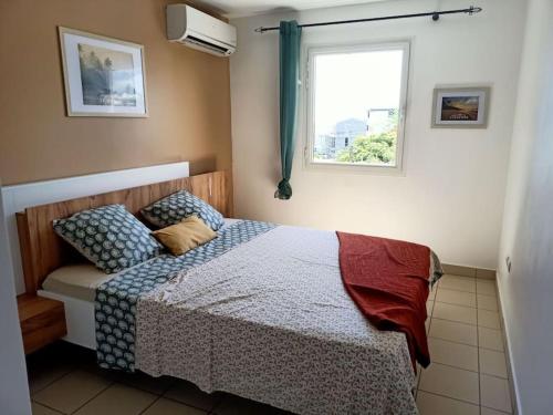 sypialnia z łóżkiem i oknem w obiekcie Casa Maya quartier des pêcheurs terre sainte avec garage box w mieście Saint-Pierre