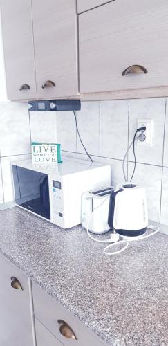 a kitchen counter top with a microwave and a phone at Apartament Ana in Topliţa