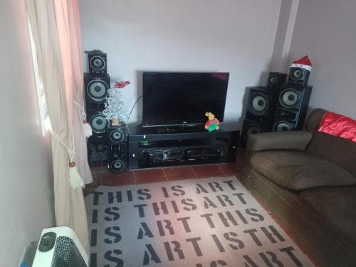 sala de estar con TV, altavoces y alfombra en Don Ricardo en San Salvador de Jujuy