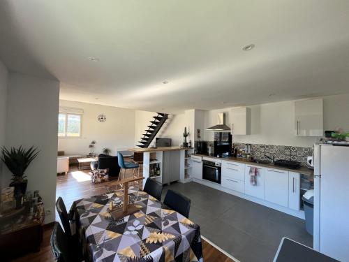 une cuisine et un salon avec une table dans une pièce dans l'établissement Superbe Loft, dégustations vignoble familial, à Villars-en-Pons