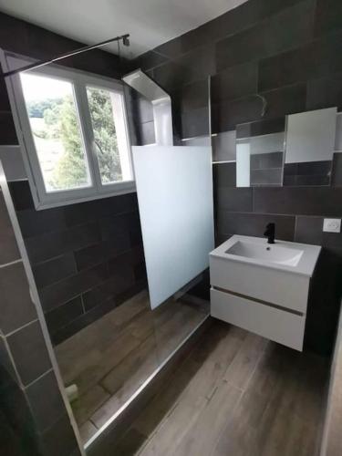 une salle de bain avec un lavabo blanc et une fenêtre dans l'établissement Appartement Rebouc, à Hèches