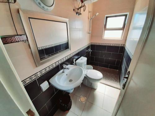 a bathroom with a sink and a toilet and a mirror at Miami Hotel Apartment’s in Aqaba