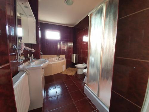 een badkamer met een toilet, een wastafel en een douche bij Party Vendégház in Hajdúszoboszló