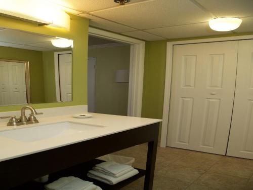 a bathroom with a sink and a mirror at The University Inn at Emory in Atlanta