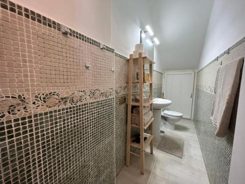 a bathroom with a toilet and a tiled wall at Casa Vista Pájaro in Puntallana