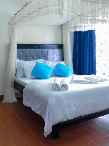 a bedroom with a white bed with blue pillows at Sky Apartment kampala Feel At home in Kampala