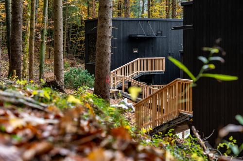 a cabin in the woods with a wooden stairway at Hotel Fischerwirt Natur WaldSPA in Faistenau