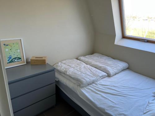 une chambre avec un lit, une commode et une fenêtre dans l'établissement Vakantiehuisje aan zee vlakbij Plopsaland en het strand - Casa Memphis, à La Panne