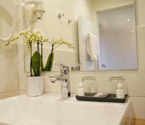 W łazience znajduje się umywalka i lustro. w obiekcie Berghotel Zollersteighof w mieście Albstadt