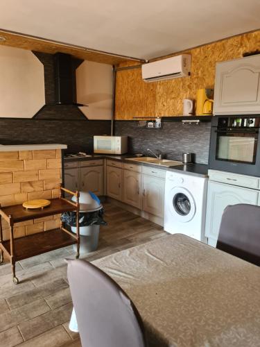 - une cuisine équipée d'un lave-linge, d'un évier et d'une cuisinière dans l'établissement Appartement en bois, à Sète