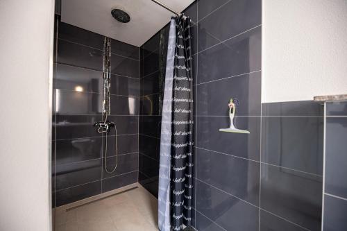 a bathroom with a shower with blue tiles at Four Points in Vir