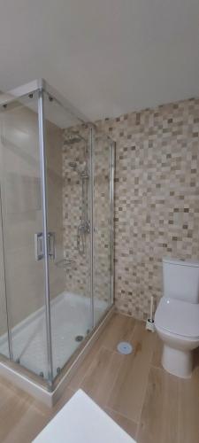 a bathroom with a shower and a toilet at La casita de Margo in Málaga