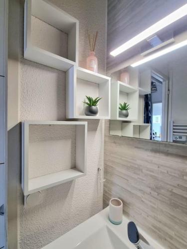 une salle de bain avec un lavabo blanc et un miroir dans l'établissement T2 face dunes et ocean - Proche Golf et Thalassothérapie, à Saint-Jean-de-Monts