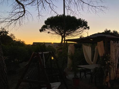 a sunset in a garden with a table and an umbrella at B&B Mare E Natura in Cuile Ezi Mannu