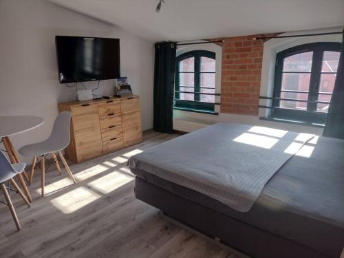 um quarto com uma cama, uma televisão e janelas em 13 Starówka apartament Miodova em Toruń