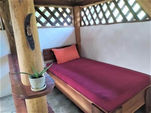 ein kleines Bett in einem Zimmer mit Topfpflanze in der Unterkunft Terra NaturaMa - off grid living in the jungle in Punta Uva