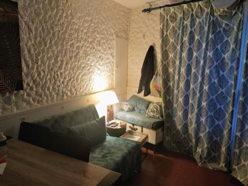 un salon avec un canapé et une chaise dans l'établissement la Palmette , NOUVEAU ! climatisée et wifi, à Lapalme