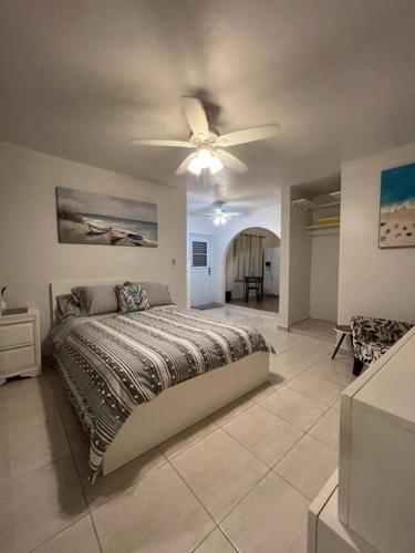 - une chambre avec un lit et un ventilateur de plafond dans l'établissement Playa y Campo Studio, à Isabela